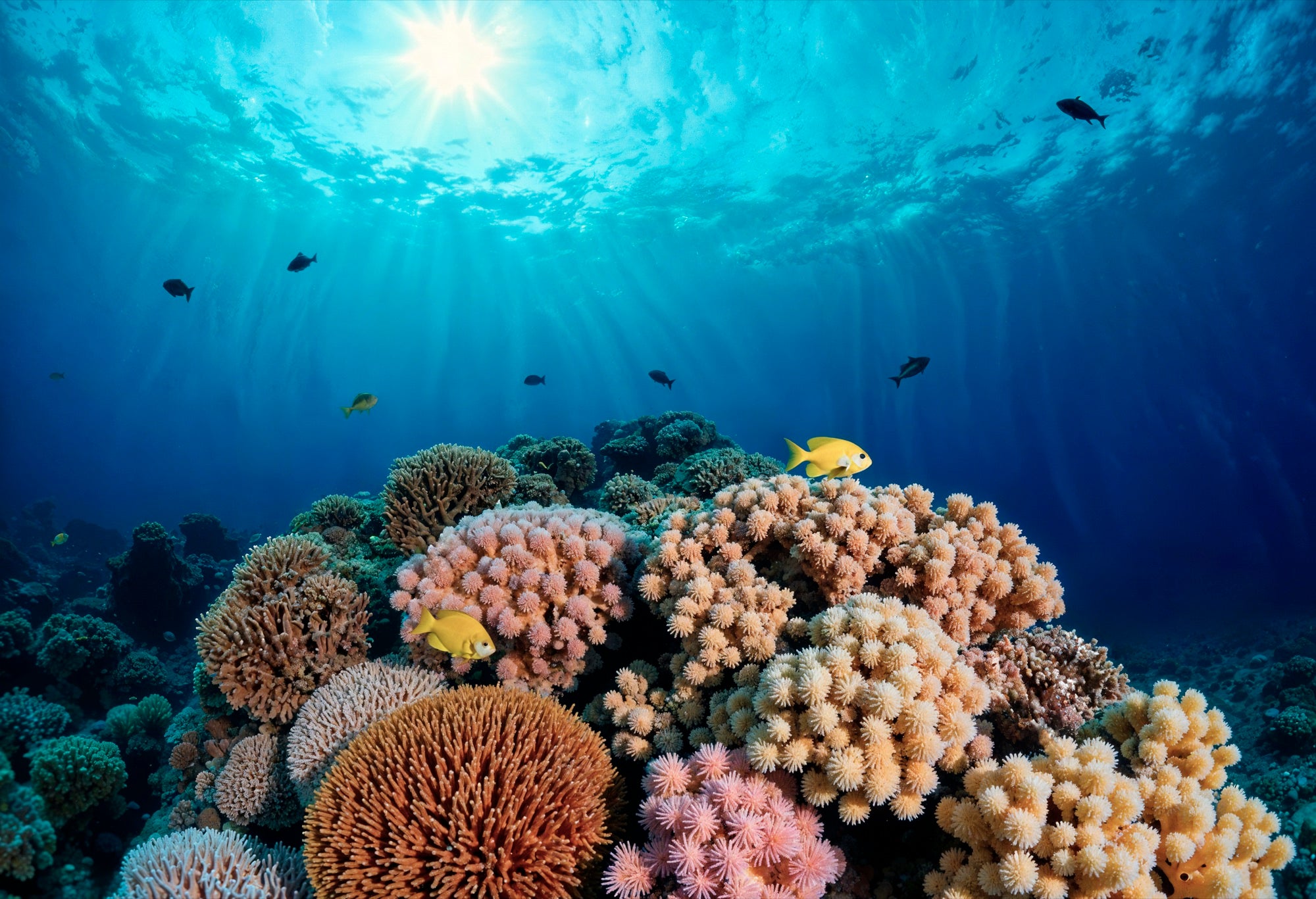 Sunlit aquacultured reef colony